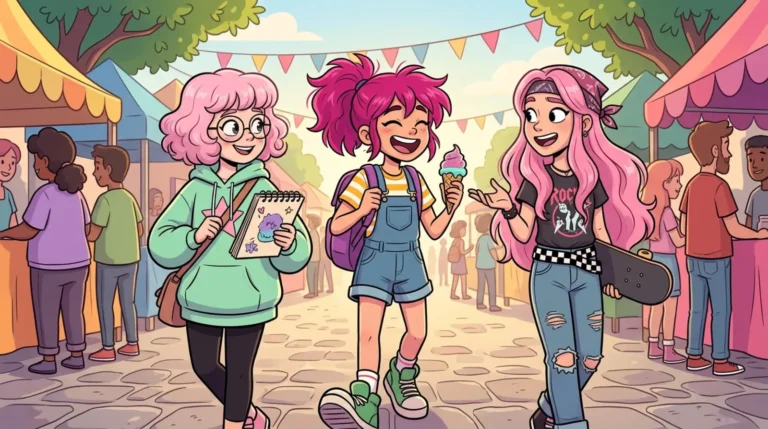 cartoon characters with pink hair
